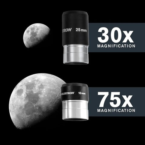 Image of two telescope eyepieces for StarSense Explorer 150AZ App Enabled Telescope With 150mm Tabletop Dobsonian Smartphone Dock And StarSense App Guided Sky Tour iPhone And Android Compatible No Fuss Easy To Use For Beginners And Casual Stargazers