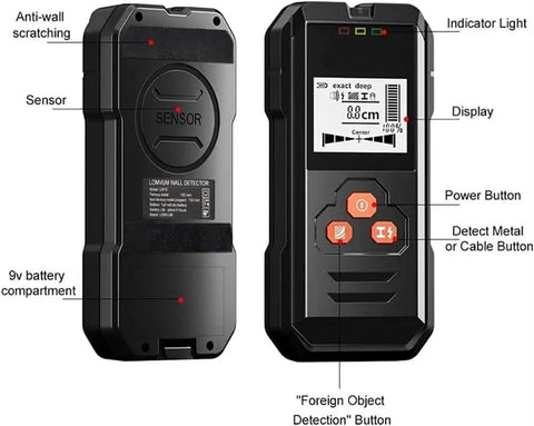 Ultimate Durable Digital Stud Finder And Wall Scanner With Bright Lcd Display showing buttons, display, and sensor details for metal and wood detection.