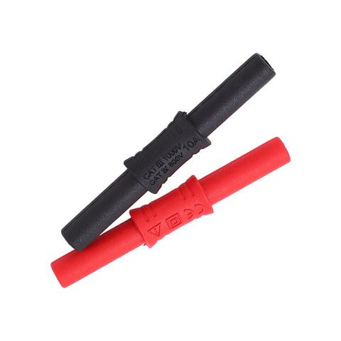 Pair of 4mm insulated banana plugs, red and black, with PVC sleeves for electronic test equipment connections.
