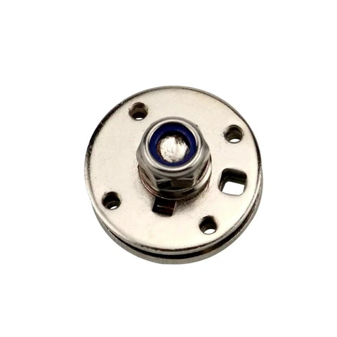Close-up of round chrome disk hinge damper with blue seal and mounting holes, 1 piece