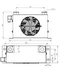 Technical drawing of a Beefed-Up Hydraulic Air Cooler And Oil Radiator For Efficient Oil Cooling, showing dimensions and fan details.
