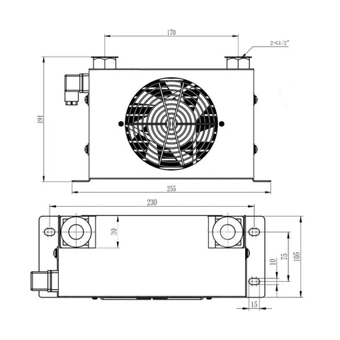 Technical drawing of a Beefed-Up Hydraulic Air Cooler And Oil Radiator For Efficient Oil Cooling, showing dimensions and fan details.