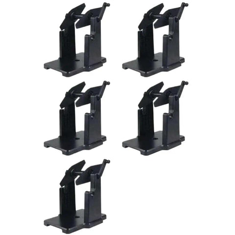 Heavy Duty 2 In 1 External Label Roll Holder Stand For Desktop Thermal Printers in black, displaying five units for organized printing.