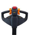 Heavy Duty Black Handle Rudder For Electric Pallet Jack Tiller Head Assy Upgrade, top view showing grip and control buttons.