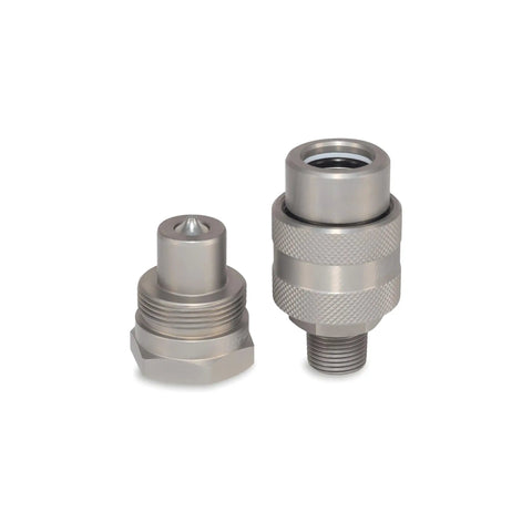 Heavy-Duty Three Eighths Inch Hydraulic Quick Connect Coupler Set For Ten Thousand PSI Systems, Three Eighths Inch NPT Thread, Screw-To-Connect, Steel With Zinc-Plated Finish For Corrosion Resistance And Secure Engagement On Pumps And Cylinders. shown front view