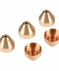 Five Pack 220817 Plasma Cutter Shield Nozzle Consumables Set For 65 85 105 Amp Plasma Machines, 85A Replacement Parts displayed in copper finish.