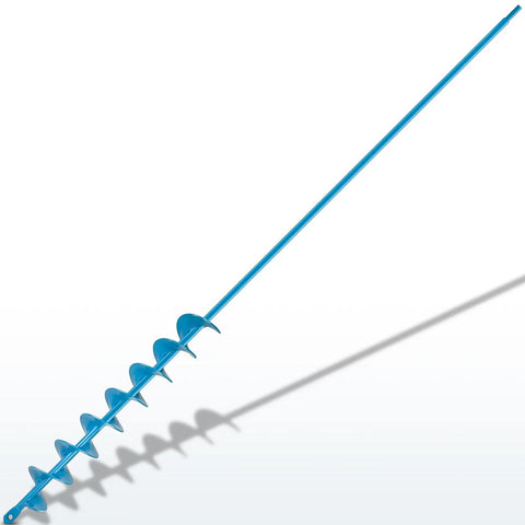 Blue 32 Inch Garden Auger Drill Bit with long handle and 7 blades for planting; no squat post hole digger tool