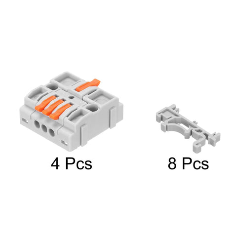 Heavy Duty DIN Rail Terminal Blocks 4 Pack Quick Push Wire Connectors, grey with orange levers for easy wiring applications.