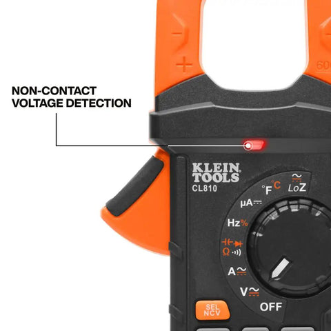 Close-up of a digital multimeter and clamp meter kit with auto ranging, featuring non-contact voltage detection and controls.