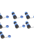 Array of Beefy Heavy Duty Cylindrical Panel Mount Waterproof IP68 Connector Kits with blue covers and black connectors.