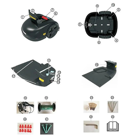 Components of Smart Automatic Robotic Lawn Mower With Self Charging And Rain Avoidance, including parts and accessories.