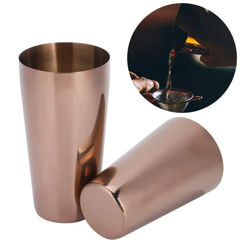 Heavy Duty 304 Stainless Steel Cocktail Shaker Set And Bartender Kit With Slick Mirror Polish For Top Shelf Mixology Drinks And Chilled Iced Coffee Bar Gear That Really Slaps At Weekends close-up of rose gold shaker with smooth finish