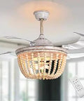 Boho Wood Bead Ceiling Fan With Light And Remote, retractable blades, 42 inch farmhouse chandelier fan with remote control