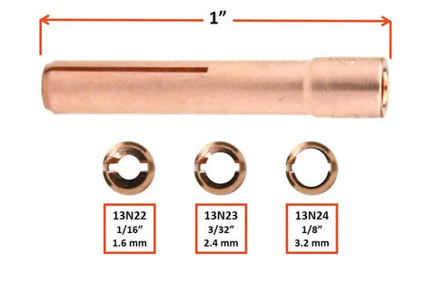Pro Grade TIG Welding Consumables Kit With Gas Lens For 9/20/25 Series Torches, shown 1/16, 3/32, 1/8 inch collets