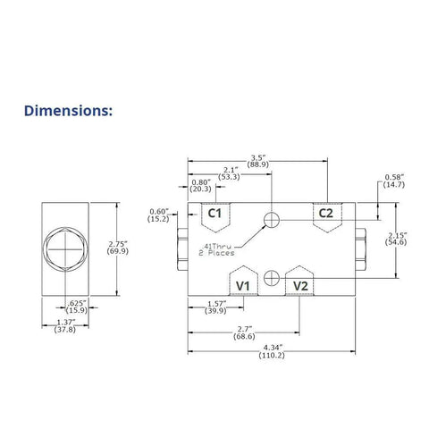Technical drawing of Double Pilot Operated Hydraulic Check Valve with 6 SAE Ports, 11 GPM Flow, dimensions and port locations.