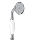 Handheld Showerhead With Classic Spray Pattern 1/2 Inch Inlet 1.8 GPM Flow Polished Chrome Finish Built For Real Life Showers Simple Single Function Design Serviceable Faceplate