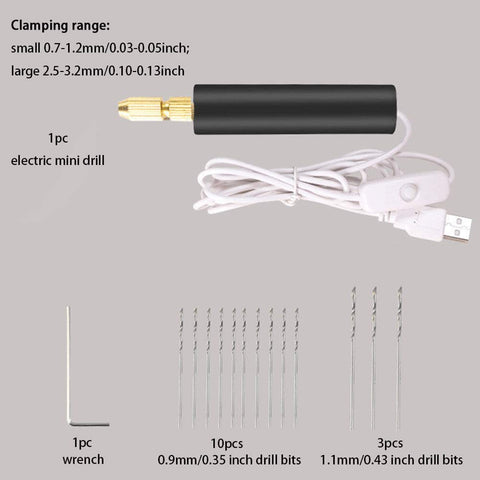 Handy Portable Mini Electric Drill Kit with 0.7 to 1.2 mm Drill Bits, shown with 1.8 meter cable and ABS housing.