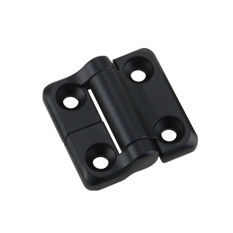 Black zinc-alloy torque hinge, square industrial hinge with four mounting holes.