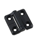 Torque hinge, black zinc alloy, square, four screw holes; angled front view