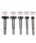 Professional Grade Heavy Duty Forstner Drill Bit Set Featuring Slick Woodworking Augers 5 sizes ranging from 15mm to 35mm.