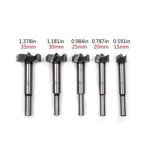 Professional Grade Heavy Duty Forstner Drill Bit Set Featuring Slick Woodworking Augers 5 sizes ranging from 15mm to 35mm.