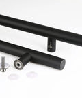 Beefy 18 Inch Solid Stainless Steel Push Pull Door Handle Set Matte Black Finish shown with chamfered edges and hardware