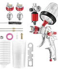 Pro Level Pneumatic Spray Gun Set With Top Loading Tank That Slings Paint Like A Champ For Automotive Bodywork And Furniture Fix Ups With Latex Coats In Striking Red Build Offering Smooth 230mm Spray Range assembled with nozzles and tools.