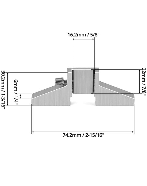 Caliper Depth Base T Bar Attachment for Dial Digital and Vernier Calipers, Carbon Steel Hardened, side view with measurements.