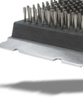 Close-up of replaceable stainless steel bristle head and scraper for Grill Brush And Scraper For Outdoor Barbecue With Extended Wooden Handle.