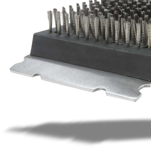 Close-up of replaceable stainless steel bristle head and scraper for Grill Brush And Scraper For Outdoor Barbecue With Extended Wooden Handle.
