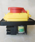 Side view of Emergency Stop Pushbutton Switch 120V 16A Waterproof IP54 with undervoltage and overload protection; yellow and red design