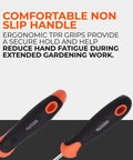 Heavy Duty Stainless Steel Garden Tool Set With Spade And Combination Hoe Fork Ergonomic Non Slip Handles For Digging Planting And Weeding Rust Resistant And Durable The Go To Workhorse For All Season Garden Tasks showing non-slip ergonomic handle close-up.