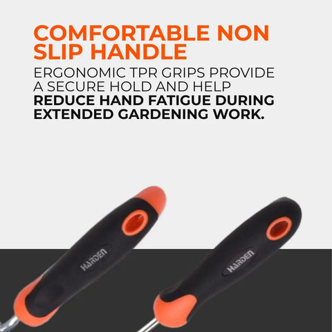 Heavy Duty Stainless Steel Garden Tool Set With Spade And Combination Hoe Fork Ergonomic Non Slip Handles For Digging Planting And Weeding Rust Resistant And Durable The Go To Workhorse For All Season Garden Tasks showing non-slip ergonomic handle close-up.