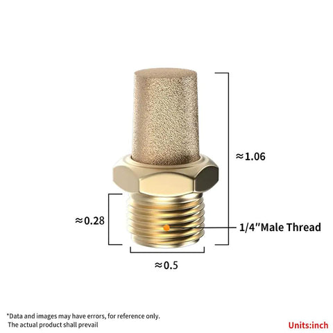 One Quarter Inch Male Thread Sintered Bronze Exhaust Muffler Silencer For Pneumatic Systems, shown with dimensions