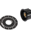 Knurled Potentiometer Knobs Set Five Pcs Pro Grade Volume Control Dials With Digital Scale Plates Easy Install Smooth Fit For Most Potentiometers Ideal For DIY Audio Projects, shown with black knob and scale plate.