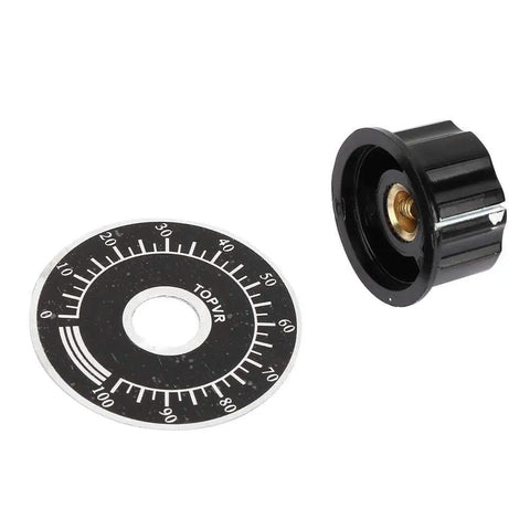Knurled Potentiometer Knobs Set Five Pcs Pro Grade Volume Control Dials With Digital Scale Plates Easy Install Smooth Fit For Most Potentiometers Ideal For DIY Audio Projects, shown with black knob and scale plate.