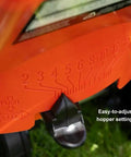 Close-up of hopper settings on 60 Lb Heavy Duty Spreader Workhorse For Lawn And Garden Use With Durable Black Finish And Wide Granular Seed Spreading Capacity Sturdy Metal Frame And Smooth Operation RB60 For Reliable Seasonal Lawn Care, showing adjustment options.