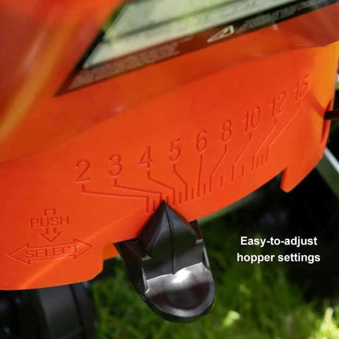 Close-up of hopper settings on 60 Lb Heavy Duty Spreader Workhorse For Lawn And Garden Use With Durable Black Finish And Wide Granular Seed Spreading Capacity Sturdy Metal Frame And Smooth Operation RB60 For Reliable Seasonal Lawn Care, showing adjustment options.