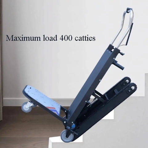 Heavy Duty Electric Stair Climbing Cart With Ergonomic Handle And Foldable Design For Moving Furniture, Appliances, Kegs, Tires Up And Down Stairs Effortlessly on stairs, showing maximum load of 400 catties.