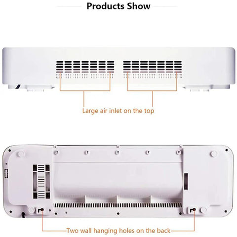 No Hassle Kickin Wall Mounted Space Heater With Remote Timing 3000 Watt Electric Radiator top view showing air inlet and hanging holes.