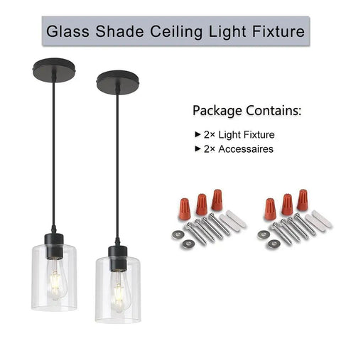 Modern Black Farmhouse Clear Glass Cylinder Pendant Lights Dual Pack For Kitchen Island, visible with hardware included