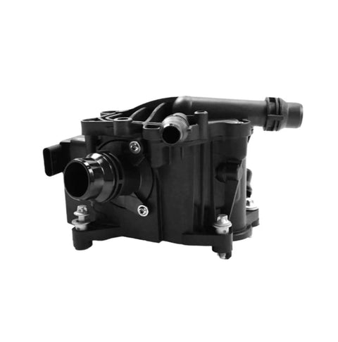 Premium Thermostat Housing Heat Management Module BMW X1 X3 X5 Engine Assembly side view showing inlet and outlet fittings.