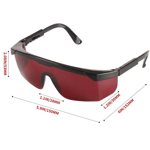 Hella Clear Adjustable Safety Glasses For Green Or Red Laser Alignment With Cross And Multi Line Filter No Sweat Grip Anti Drop Lanyard And Nifty Travel Pouch For Job Sites, shown from the side with red lenses.