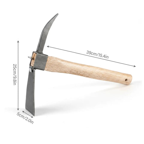 2-In-1 Garden Hoe And Pickaxe For Weeding And Digging, Heavy-Duty Steel Head With Solid Wood Handle, dimensions shown