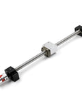 Two Pack Aluminum Flexible Couplings 8mm to 12mm Bore mounted on ball screw for 3D printers and CNC machines, side view