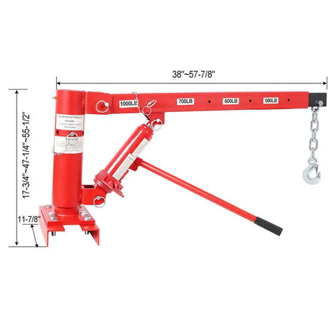 1000 Lb Engine Hoist Cherry Picker Telescopic Boom Swivel Base Manual Hydraulic Heavy Duty Shop Crane side view with measurements.