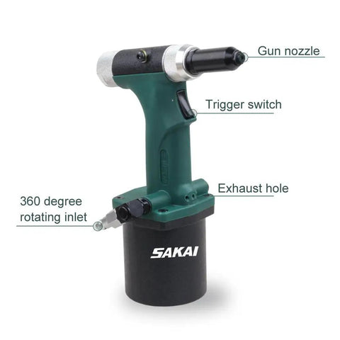 Heavy Duty Pneumatic Hydraulic Rivet Gun With Quick Release Air Valve And Multiple Nose Sizes, labeled parts, green handle