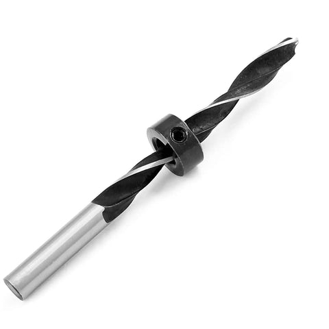 Drill Stop Bit Collar Set With Allen Wrench For Precision Drilling, 1/4 inch bit and collar, depth stop locator ring, close-up view