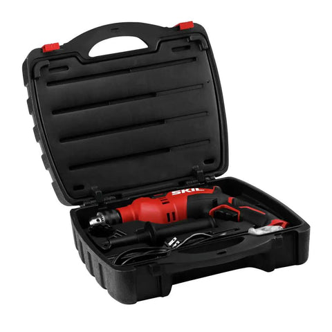 Tough As Nails Corded Hammer Drill With 100 Piece Bit Set, 7.5 Amp Variable Speed in black carrying case, ready for use.