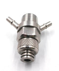 Waterjet mixing chamber body, front view, stainless steel with knurled cap and two side inlet ports.